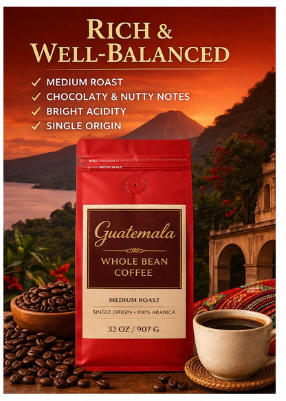 EMERALD GARDEN Guatemala Whole Bean Coffee - Medium Roast, 100% Arbica